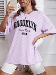 SHEIN EZwear 字母圖案落肩T恤 - 紫色 - 查看 4