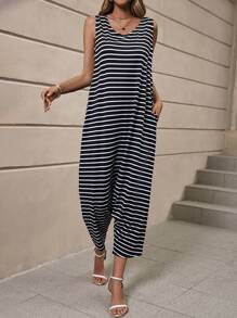 SHEIN LUNE 條紋印花隱藏口袋無袖連體褲