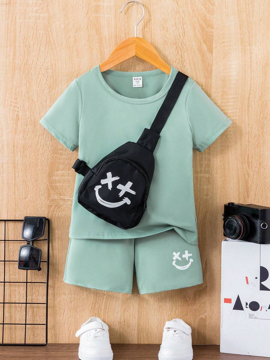 SHEIN 男小童卡通圖案T恤和短褲&包 - 青碧色 - 查看 1