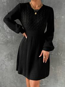 Chiquease Xoắn Dan Tay áo lồng đèn Đầm Áo len - màu đen - Xem 4