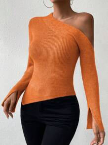 Chiquease Asymmetrical Neck Split Sleeve Sweater - Orange - View 6