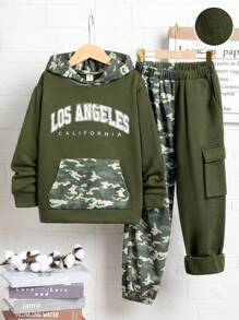 SHEIN Tween Boy Letter Graphic Kangaroo Pocket Hoodie & Sweatpants - Green - View 1