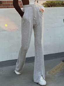 DAZY 纯色抽绳腰部开衩下摆女式慢跑运动裤 - 淺灰色 - 查看 4