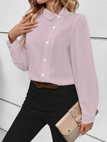 SHEIN LUNE 純色正面鈕扣襯衫 - 淺粉色 - 查看 3