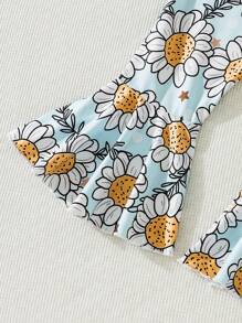 SHEIN 女嬰標語圖案連體衣和印花喇叭褲和頭巾