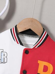 Young Boy Letter Graphic Striped Trim Varsity Jacket Without Tee - Red - View 5