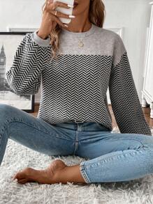 SHEIN Clasi Herringbone Pattern Drop Shoulder Printed Sweater - Multicolor - View 1