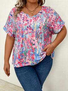 SHEIN LUNE Plus Allover Print Batwing Sleeve Tee - Multicolor - View 1