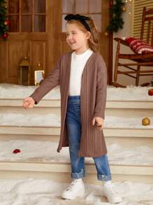 SHEIN 女小童落肩袖開門襟外套 - 摩卡棕 - 查看 3