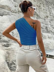 SHEIN Privé One Shoulder Ruched Crop Top - Blue - View 2