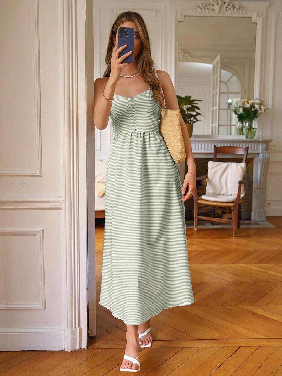 SHEIN Frenchy Striped Button Front Cami Dress - Green - View 1