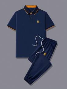 Manfinity Homme 男士馬圖案拼接邊POLO衫和腰部抽繩衛褲