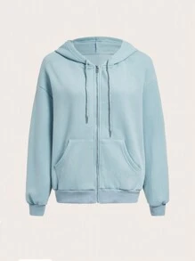 SHEIN BASICS Sweatshirt Zip Plain Casual - Dusty Blue - View 1