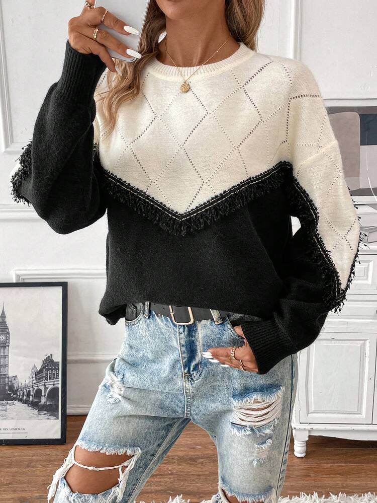 Two Tone Drop Shoulder Pointelle Knit Sweater
