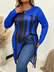 SHEIN LUNE Plus Colorblock Asymmetrical Hem Tee Fall Cloth For Women - Blue - View 3