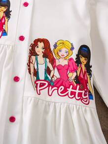 SHEIN Young Girl Figure Graphic Button Front Shirt Dress - White - View 5