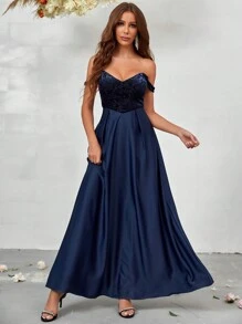 SHEIN Belle Off Shoulder Plicated Detail Bridesmaid Dress - Blue - View 5