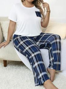 Plus Plaid Print Pocket Patched PJ Set - Multicolor - View 4