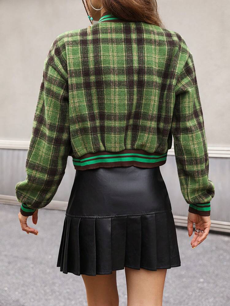 Plaid Print Letter Patched Striped Trim Drop Shoulder Zipper Overcoat