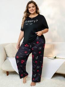大碼字母圖案T恤和褲子睡衣套裝 - 黑與白 - 查看 5