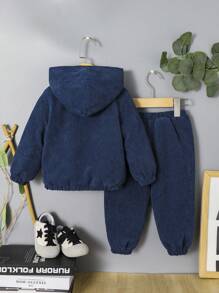 SHEIN Baby Boy Letter Patched Detail Teddy Lined Hooded Jacket & Pants Without Tee - Navy Blue - View 2