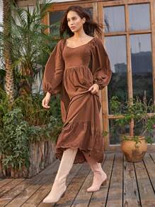 Bohemela Sweetheart Neck Lace Hem Dress - Brown - View 3