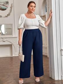 SHEIN LUNE Plus Solid Wide Leg Pants - Navy Blue - View 3