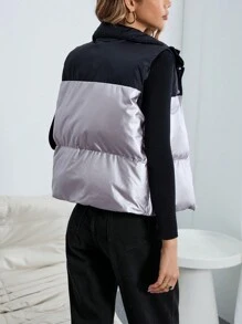 SHEIN Essnce 雙色拉鏈開襟羽絨背心大衣 - 彩色 - 查看 2