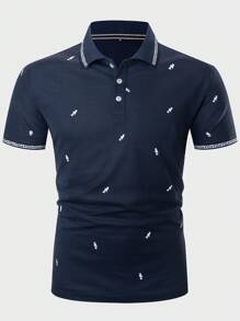 Manfinity Mode Men Embroidery Contrast Trim Polo Shirt - Navy Blue - View 4