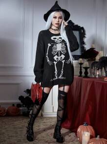 PUNK Halloween Mô hình bộ xương Thả vai Áo len - màu đen - Xem 6