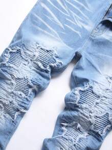 男士破洞拉链口袋牛仔裤 - 淺色水洗藍 - 查看 4