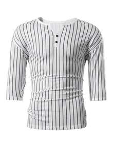 Men Striped Print Half Button Tee - White - View 4