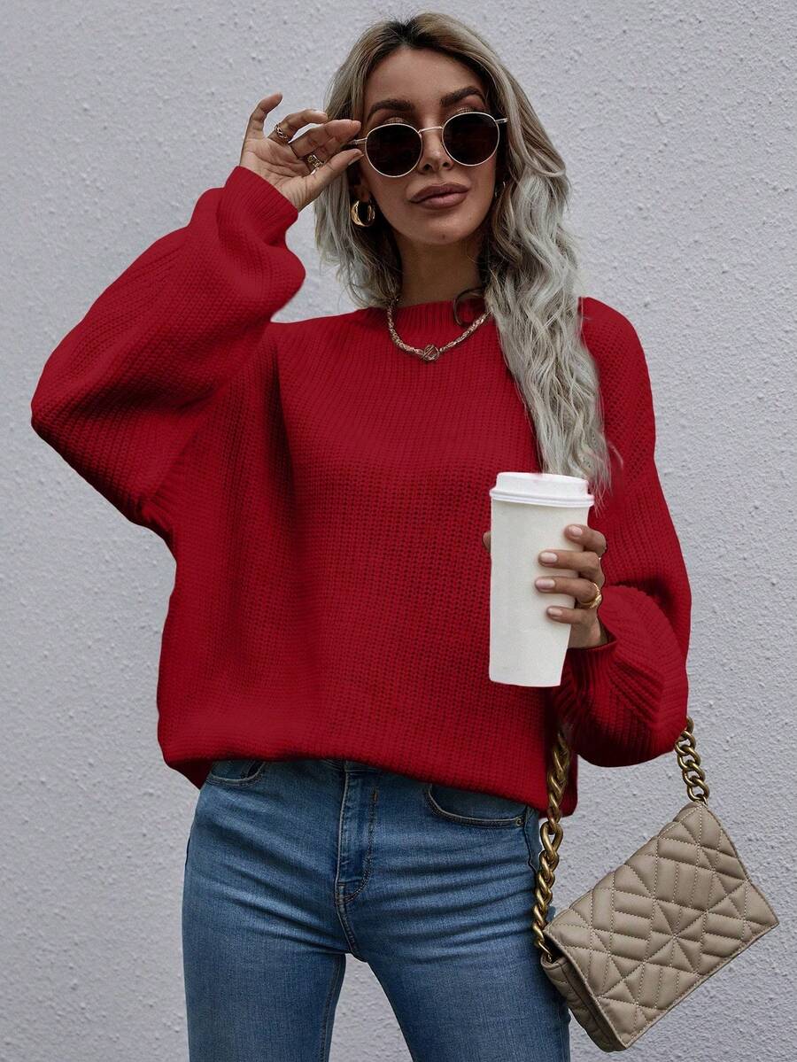 SHEIN LUNE Solid Drop Shoulder Ribbed Knit Sweater - Red - View 1