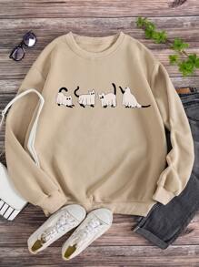 INAWLY Plus Cartoon Graphic Thermal Lined Sweatshirt Graduation,Back To School Outfits,Graduation,Teacher Outfits For Women,Back To School Pullover Fall Outfit Winter Autumn
