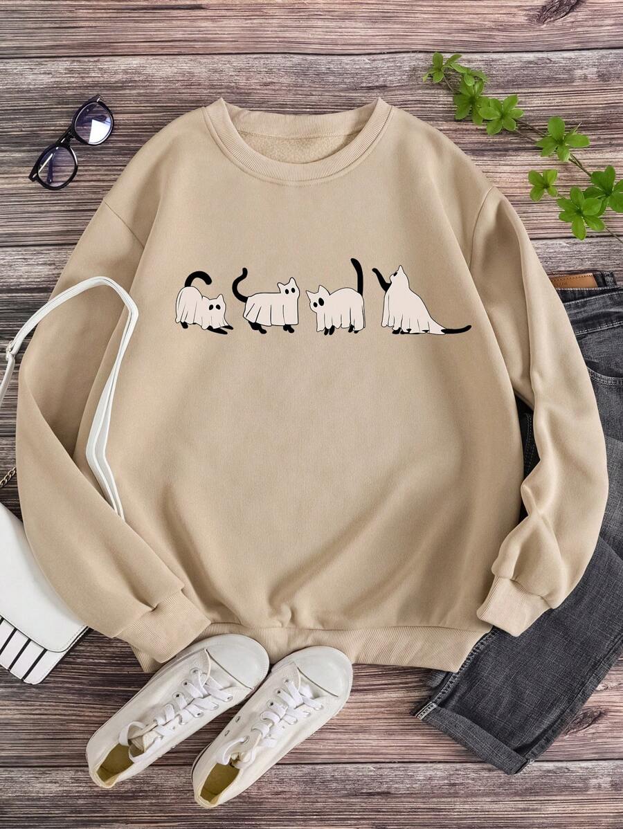 INAWLY Plus Cartoon Graphic Thermal Lined Sweatshirt Graduation,Back To School Outfits,Graduation,Teacher Outfits For Women,Back To School Pullover Fall Outfit Winter Autumn