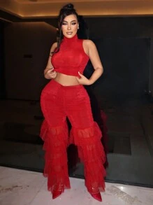 SHEIN SXY 高領短款背心和多層荷葉邊長褲 - 紅色 - 查看 3