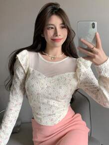 DAZY 碎花网眼褶皱饰边弧形下摆长袖女式上衣