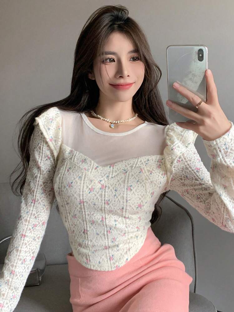 Ditsy Floral Mesh Yoke Ruffle Trim Curved Hem Tee Long Sleeve Women Tops