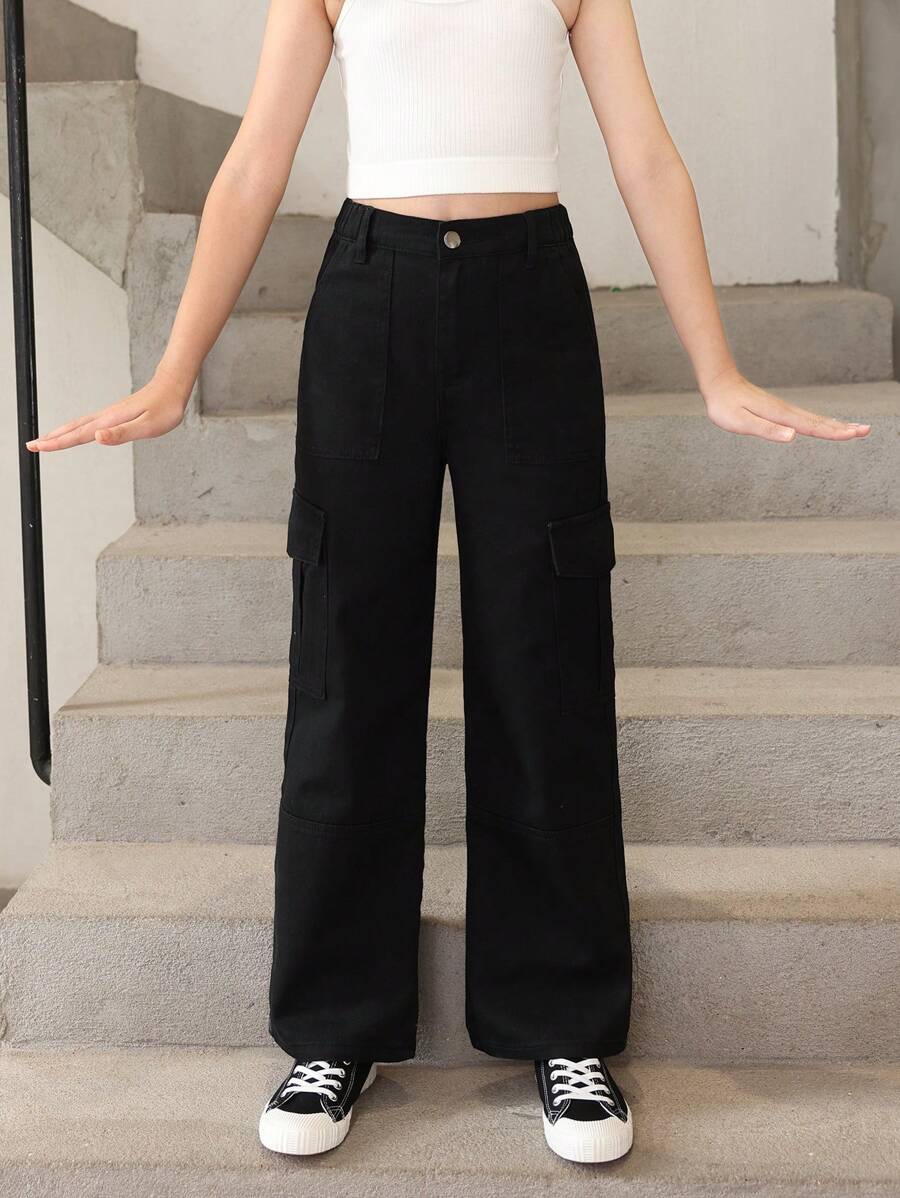 Tween Girl Flap Pocket Side Cargo Jeans - Black - View 1