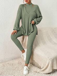 SHEIN Essnce Thả vai Viền chia cắt Áo thun & Áo hai dây & Xà cạp - màu xanh lá - Xem 4