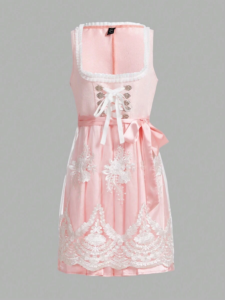SHEIN Unity 花卉刺繡前繫帶繫腰帶洋裝 - 淺粉色 - 查看 1