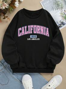 青少年女孩字母圖案落肩袖加絨內裏運動衫 - 黑色 - 查看 1