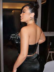 SHEIN SXY Trang trí Fuzzy Áo Tube Crop - màu đen - Xem 2