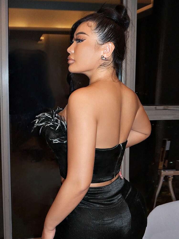 Fuzzy Trim Crop Tube Top