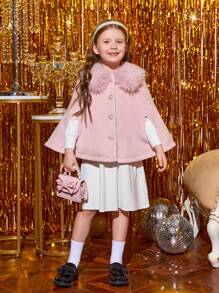 SHEIN Young Girl Fuzzy Collar Cloak Sleeve Overcoat - Pink - View 3