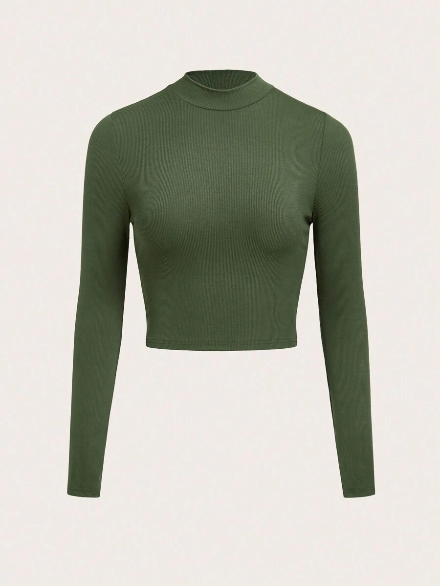 SHEIN BASICS Ribbed Knit Crop Tee - Army Green - View 1