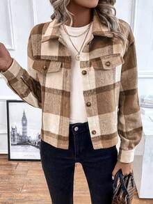 SHEIN LUNE Plaid Print Drop Shoulder Flap Detail Jacket - Brown - View 4