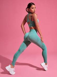 Seamless High Stretch Sports Bra With Leggings - Mint Green - View 2