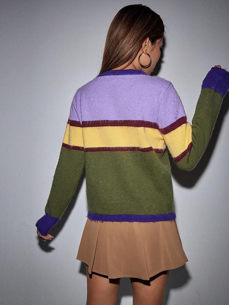 1pc V-Neck Color Block Knit Pullover Fall Winter Sweater