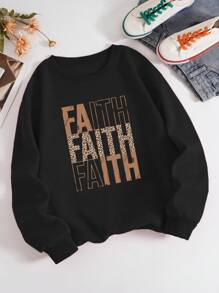 INAWLY Leopard & Letter Graphic Thermal Lined Sweatshirt - Black - View 1